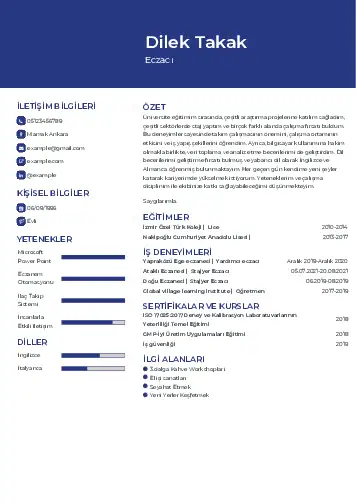 Eczacı CV Örnekleri cv indir